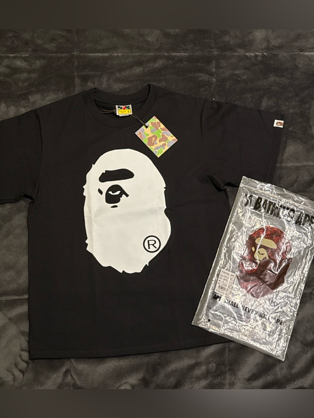 BAPE MENS Black Short-Sleeve Tee with White Ape Head Graphic